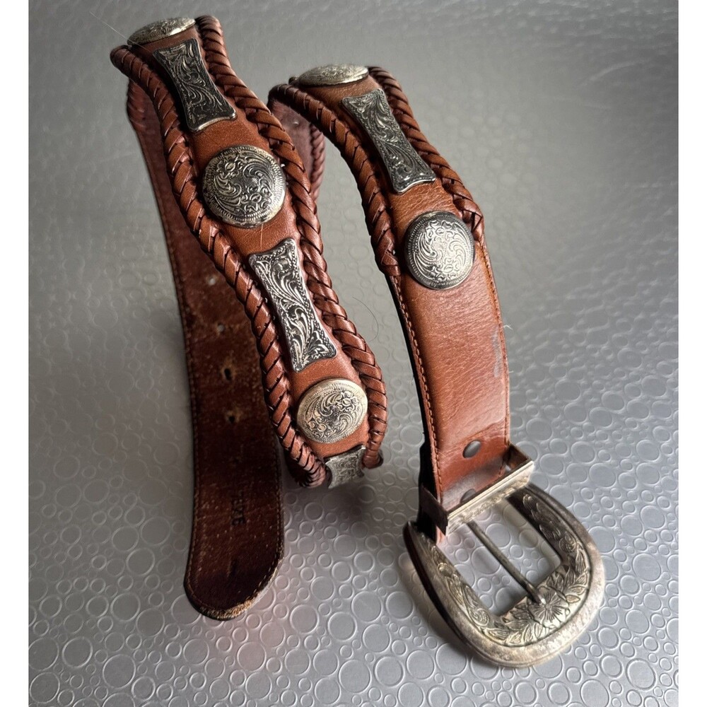 Vtg Tony Lama Brown Scalloped Leather Concho Belt Braided Edge Western - Size 36